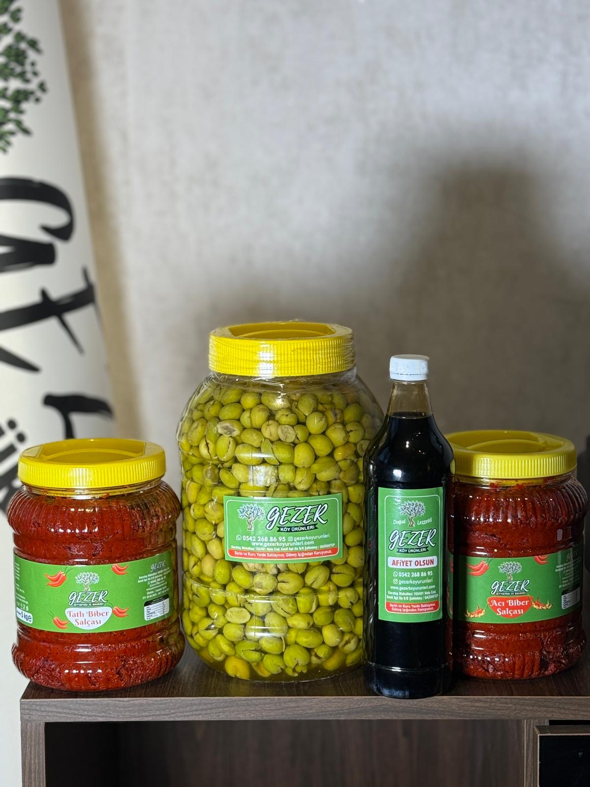 5 LİK YEŞİL ZEYTİN-2 KG TATLI BİBER SALÇASI-2 KG ACI BİBER SALÇASI-1 KG NAR EKŞİSİ